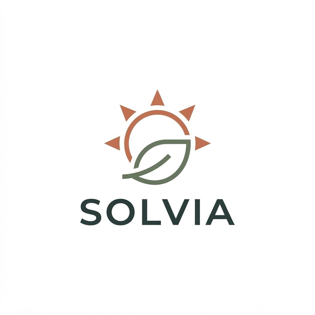AI Design for Minimalist modern vector logo for a renewable energy brand named "Solvia", featuring a clean geometric sun and leaf motif intertwined, sleek typography, crisp lines, modern tech-green and warm solar gold color palette, solid white background, flat vector design --ar 1:1 more unique of colour B86B55 and 66735F