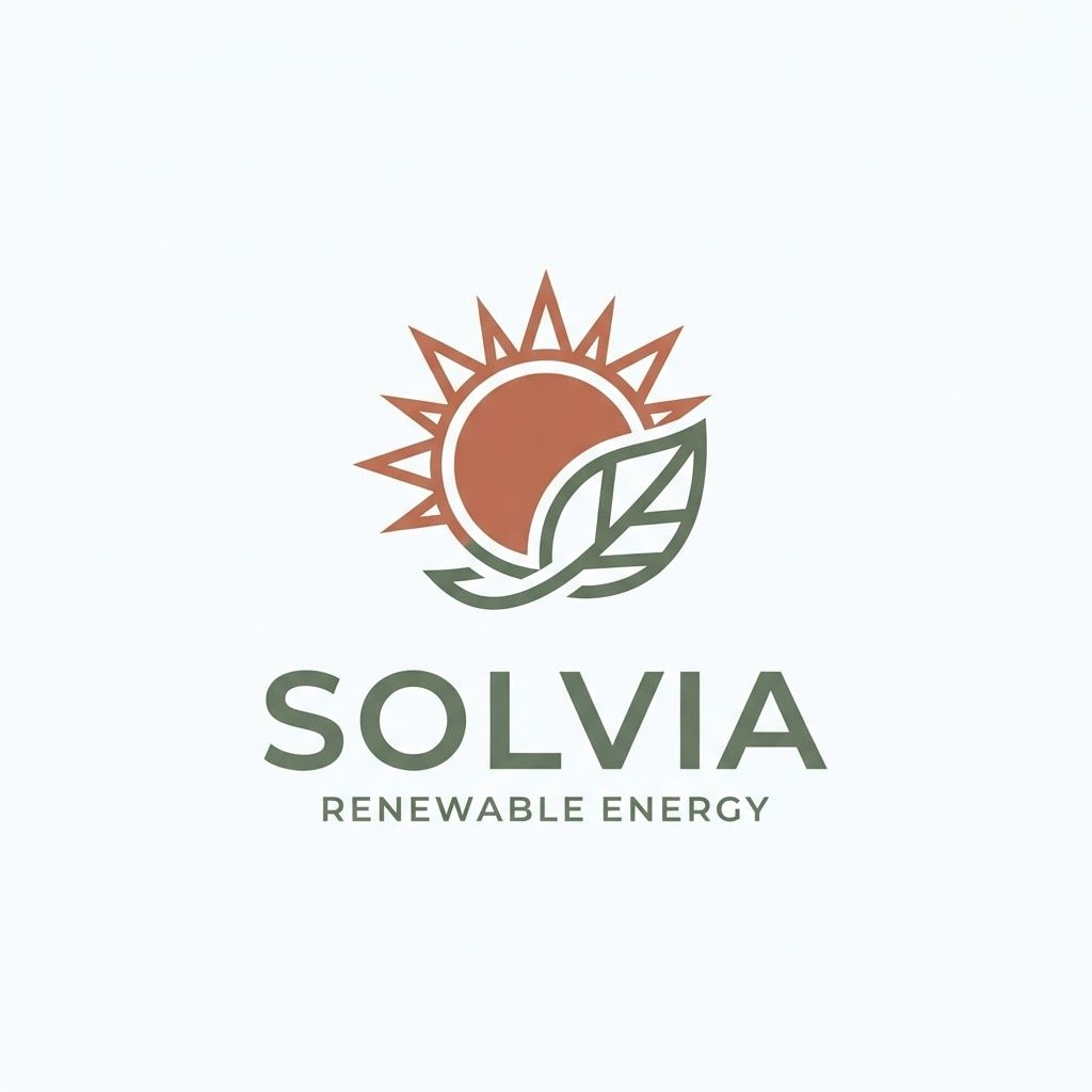 AI Design for Minimalist modern vector logo for a renewable energy brand named "Solvia", featuring a clean geometric sun and leaf motif intertwined, sleek typography, crisp lines, modern tech-green and warm solar gold color palette, solid white background, flat vector design --ar 1:1 more unique of colour B86B55 and 66735F