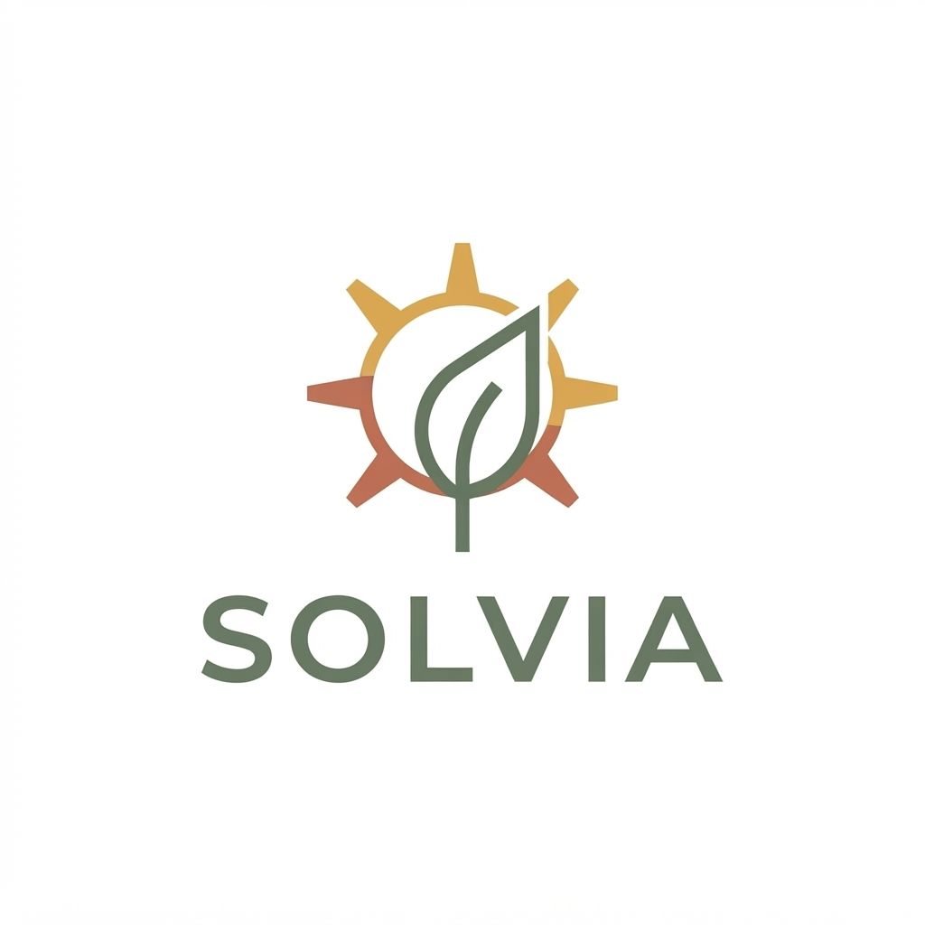 AI Design for Minimalist modern vector logo for a renewable energy brand named "Solvia", featuring a clean geometric sun and leaf motif intertwined, sleek typography, crisp lines, modern tech-green and warm solar gold color palette, solid white background, flat vector design --ar 1:1 more unique of colour B86B55 and 66735F