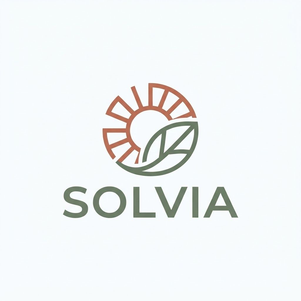 AI Design for Minimalist modern vector logo for a renewable energy brand named "Solvia", featuring a clean geometric sun and leaf motif intertwined, sleek typography, crisp lines, modern tech-green and warm solar gold color palette, solid white background, flat vector design --ar 1:1 more unique of colour B86B55 and 66735F