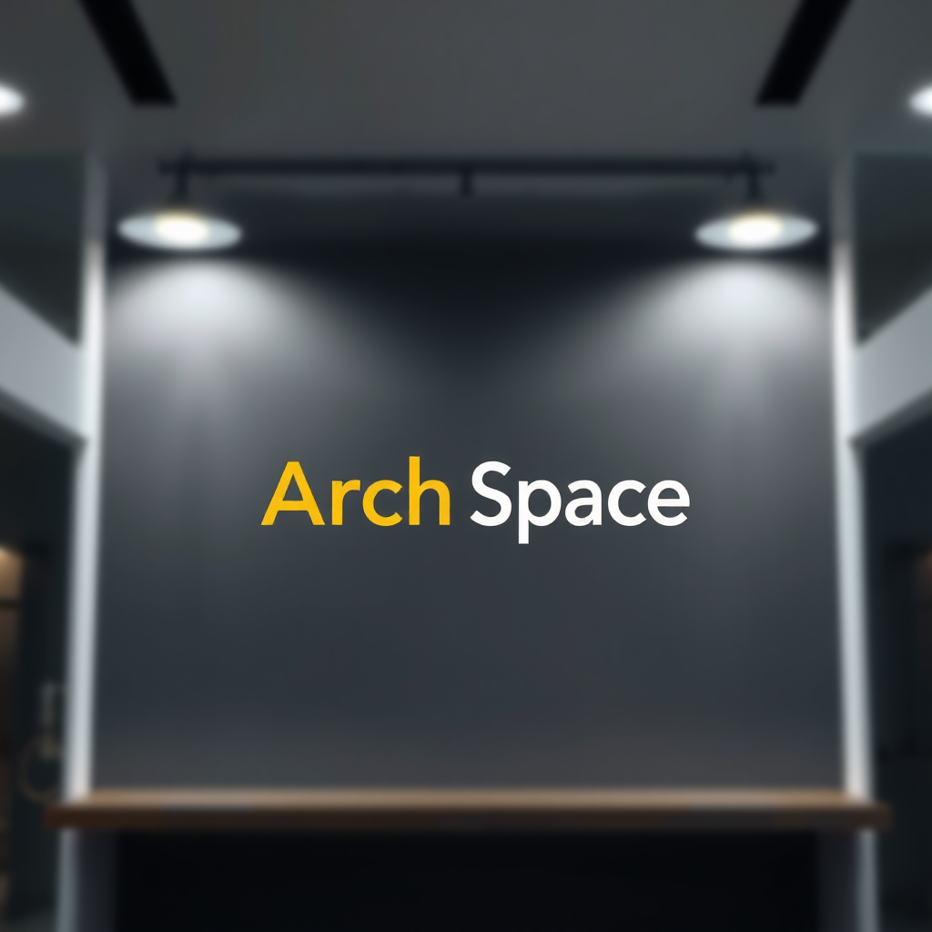 AI Design for Architecture visualization of a sleek modern logo design featuring the name "Arch Space" prominently, illuminated by soft artificial lighting. The background is textured dark gray, creating a contrast that enhances the logo's details. The yellow and white text is clear and bold, inviting attention. Shallow depth of field creates a blurred effect on the background, focusing on the logo. Present an internal setting that conveys professionalism and innovation in architectural design and interiors, suitable for a contemporary architectural firm.