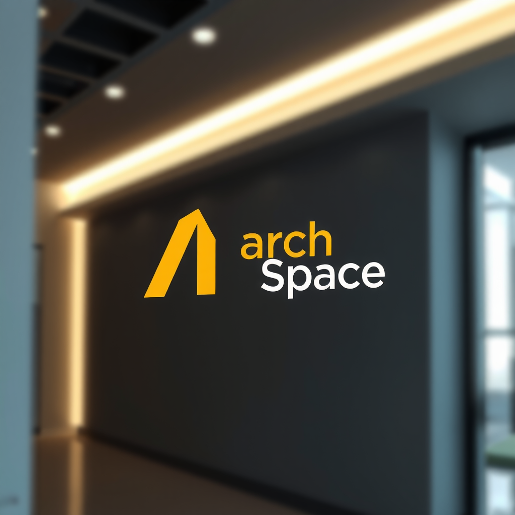 AI Design for Architecture visualization of a sleek modern logo design featuring the name "Arch Space" prominently, illuminated by soft artificial lighting. The background is textured dark gray, creating a contrast that enhances the logo's details. The yellow and white text is clear and bold, inviting attention. Shallow depth of field creates a blurred effect on the background, focusing on the logo. Present an internal setting that conveys professionalism and innovation in architectural design and interiors, suitable for a contemporary architectural firm.