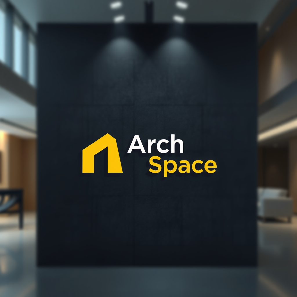 AI Design for Architecture visualization of a sleek modern logo design featuring the name "Arch Space" prominently, illuminated by soft artificial lighting. The background is textured dark gray, creating a contrast that enhances the logo's details. The yellow and white text is clear and bold, inviting attention. Shallow depth of field creates a blurred effect on the background, focusing on the logo. Present an internal setting that conveys professionalism and innovation in architectural design and interiors, suitable for a contemporary architectural firm.