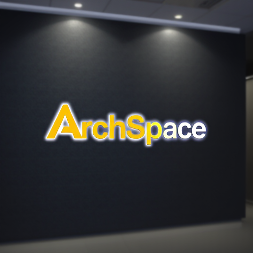AI Design for Architecture visualization of a sleek modern logo design featuring the name "Arch Space" prominently, illuminated by soft artificial lighting. The background is textured dark gray, creating a contrast that enhances the logo's details. The yellow and white text is clear and bold, inviting attention. Shallow depth of field creates a blurred effect on the background, focusing on the logo. Present an internal setting that conveys professionalism and innovation in architectural design and interiors, suitable for a contemporary architectural firm.
