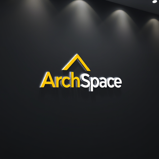 AI Design for Architecture visualization of a sleek modern logo design featuring the name "Arch Space" prominently, illuminated by soft artificial lighting. The background is textured dark gray, creating a contrast that enhances the logo's details. The yellow and white text is clear and bold, inviting attention. Shallow depth of field creates a blurred effect on the background, focusing on the logo. Present an internal setting that conveys professionalism and innovation in architectural design and interiors, suitable for a contemporary architectural firm.