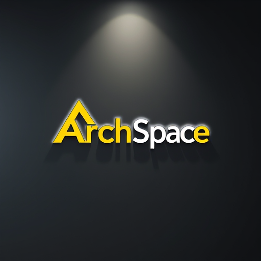 AI Design for Architecture visualization of a sleek modern logo design featuring the name "Arch Space" prominently, illuminated by soft artificial lighting. The background is textured dark gray, creating a contrast that enhances the logo's details. The yellow and white text is clear and bold, inviting attention. Shallow depth of field creates a blurred effect on the background, focusing on the logo. Present an internal setting that conveys professionalism and innovation in architectural design and interiors, suitable for a contemporary architectural firm.