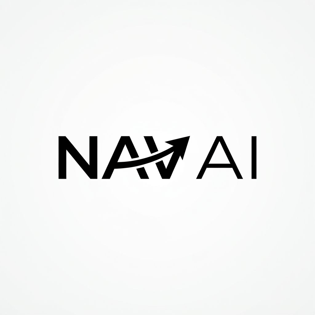 A professional, minimalist typography logo for "Nav AI". Clean, modern geometric sans-serif font. The letter 'A' features a subtle, stylized navigation arrow integrated into the crossbar. High-contrast black and white, balanced composition, sharp vector aesthetic.