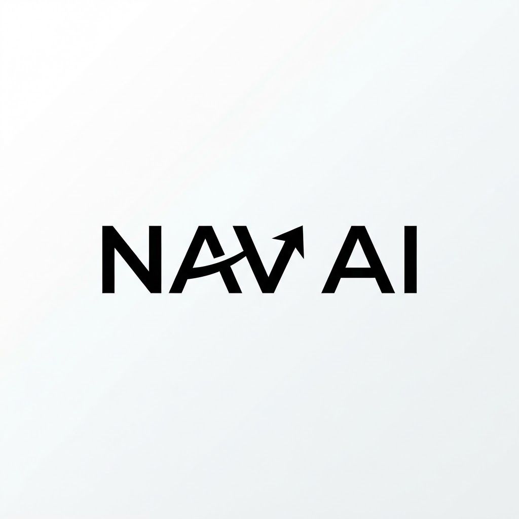 A professional, minimalist typography logo for "Nav AI". Clean, modern geometric sans-serif font. The letter 'A' features a subtle, stylized navigation arrow integrated into the crossbar. High-contrast black and white, balanced composition, sharp vector aesthetic.