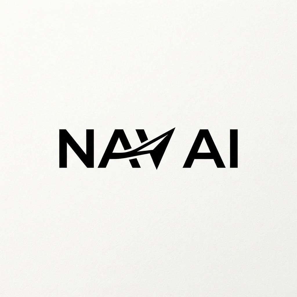 A professional, minimalist typography logo for "Nav AI". Clean, modern geometric sans-serif font. The letter 'A' features a subtle, stylized navigation arrow integrated into the crossbar. High-contrast black and white, balanced composition, sharp vector aesthetic.