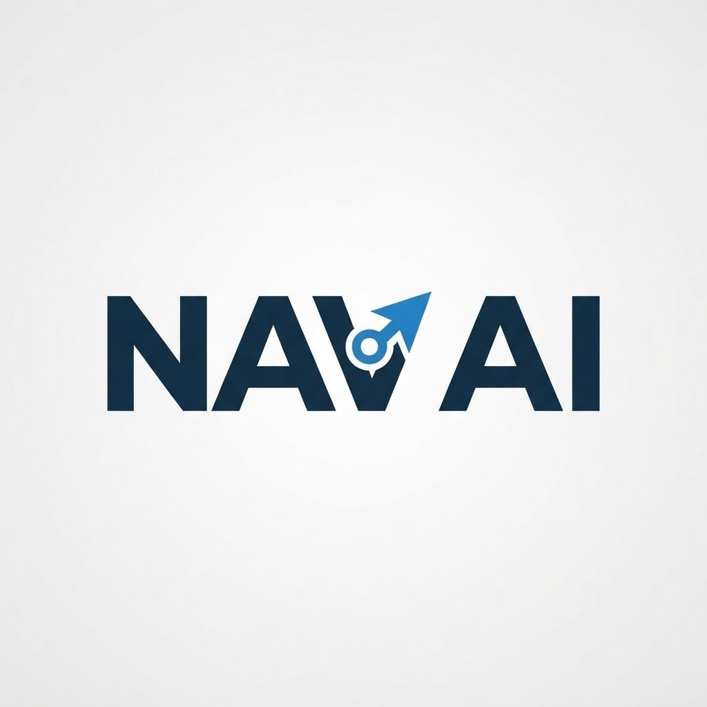 A bold, architectural typography logo for "Nav AI", strong heavy-weight sans-serif font, precise kerning, integrated abstract navigation icon subtle within the letter 'A', professional blue and dark grey color palette, vector graphics.