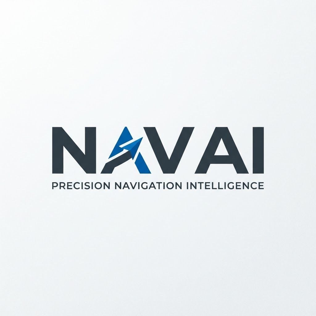 A bold, architectural typography logo for "Nav AI", strong heavy-weight sans-serif font, precise kerning, integrated abstract navigation icon subtle within the letter 'A', professional blue and dark grey color palette, vector graphics.