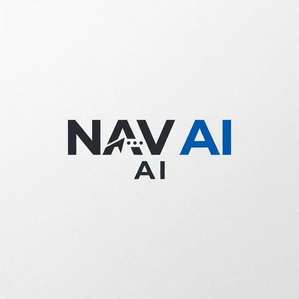 A bold, architectural typography logo for "Nav AI", strong heavy-weight sans-serif font, precise kerning, integrated abstract navigation icon subtle within the letter 'A', professional blue and dark grey color palette, vector graphics.