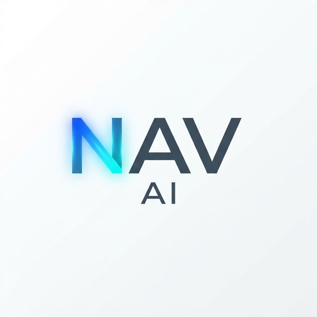 A futuristic typography logo for "Nav AI", sleek digital aesthetic, clean lines, subtle glowing gradient effect on the 'N', balanced composition, high-end tech brand style, white background.