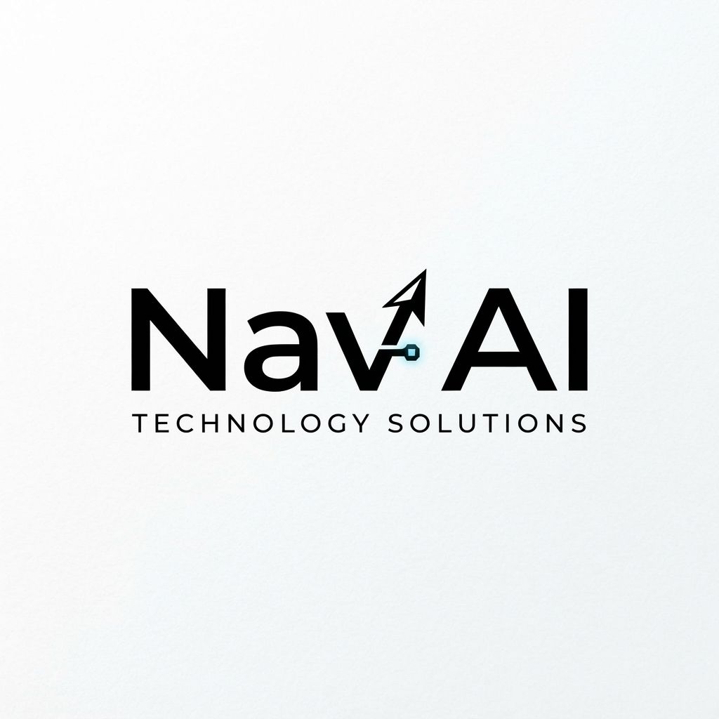 A professional, minimalist typography logo for a company called "Nav AI". Clean, modern sans-serif font, geometric letterforms, subtle tech-inspired accent on the letter 'A', high contrast, black and white, vector style.