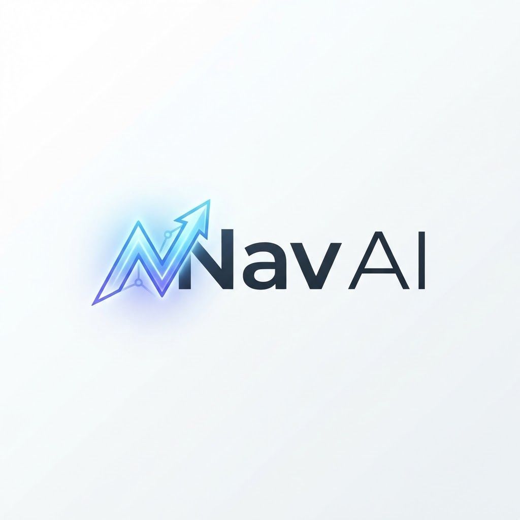 A futuristic typography logo for "Nav AI", sleek digital aesthetic, clean lines, subtle glowing gradient effect on the 'N', balanced composition, high-end tech brand style, white background.