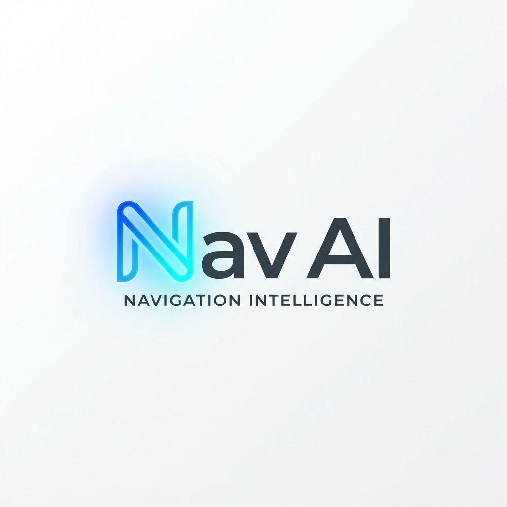A futuristic typography logo for "Nav AI", sleek digital aesthetic, clean lines, subtle glowing gradient effect on the 'N', balanced composition, high-end tech brand style, white background.