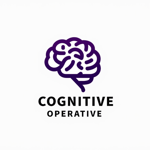 AI Design for Stylized brain icon with interconnected nodes, using shades of deep purple. Text "Cognitive Operative"