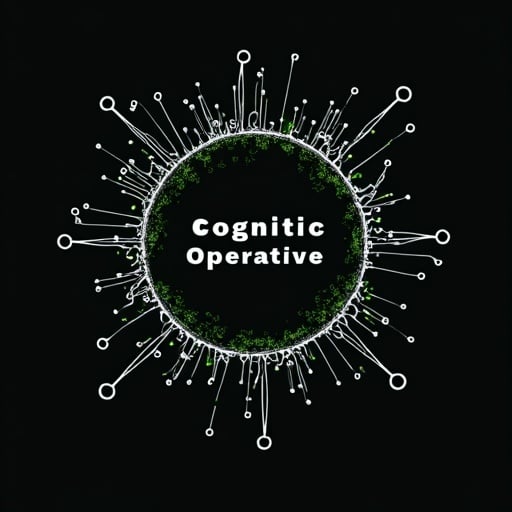 AI Design for Abstract neuron network forming a circular shape, in silver and neon green. Text "Cognitive Operative"