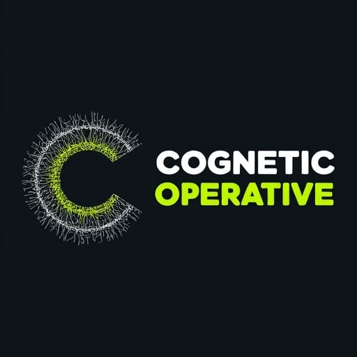 AI Design for Abstract neuron network forming a circular shape, in silver and neon green. Text "Cognitive Operative"