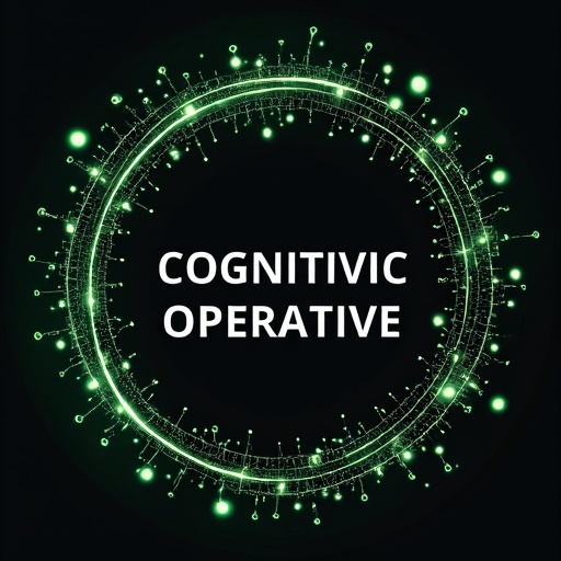 AI Design for Abstract neuron network forming a circular shape, in silver and neon green. Text "Cognitive Operative"
