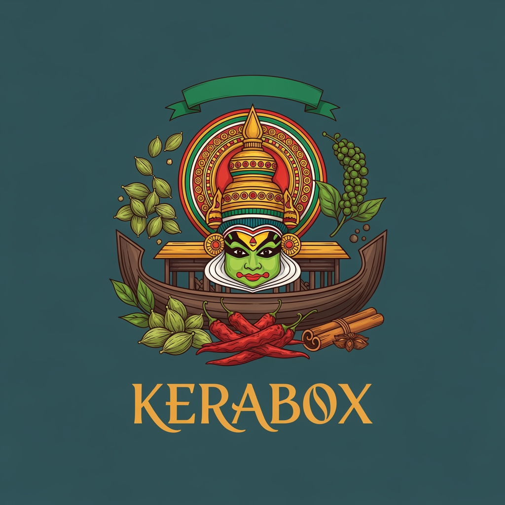 AI Design for BRAND NAME 'KERABOX', ITS A SPICE COMPANY USE KERALA TRADITIONAL THING IN TO IT
