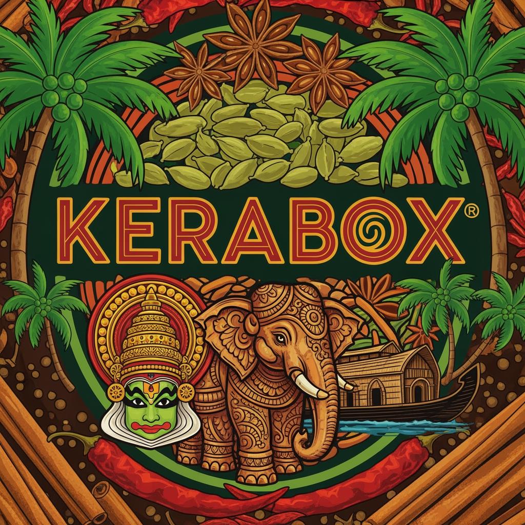 AI Design for BRAND NAME 'KERABOX', ITS A SPICE COMPANY USE KERALA TRADITIONAL THING IN TO IT