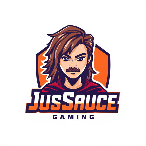 AI Design for keep JusSauce Gaming name and make a young boy with long hair and a goatee on face behind it