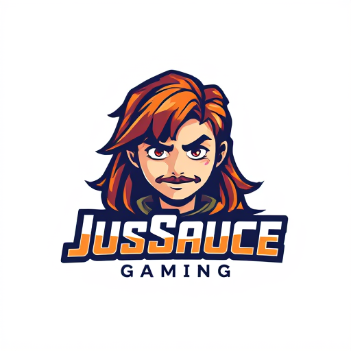 AI Design for keep JusSauce Gaming name and make a young boy with long hair and a goatee on face behind it