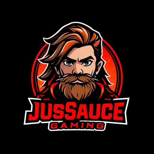 AI Design for keep JusSauce Gaming name and make a young boy with long hair and a goatee beard on face behind it