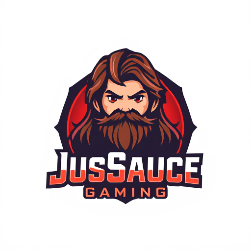 AI Design for keep JusSauce Gaming name and make a young boy with long hair and a goatee beard on face behind it