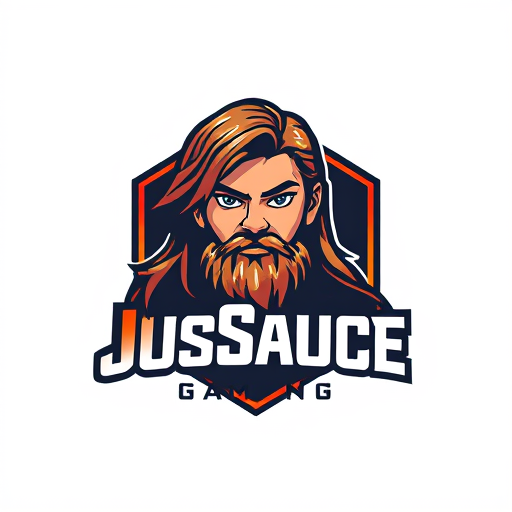 AI Design for keep JusSauce Gaming name and make a young boy with long hair and a goatee beard on face behind it