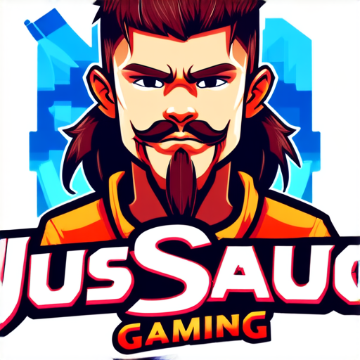 AI Design for JusSauce Gaming name with a young boy with long hair and french cut goatee behind