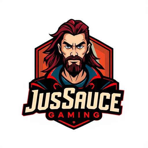 AI Design for keep JusSauce Gaming name and make a handsome guy with clean shave and long hair behind it