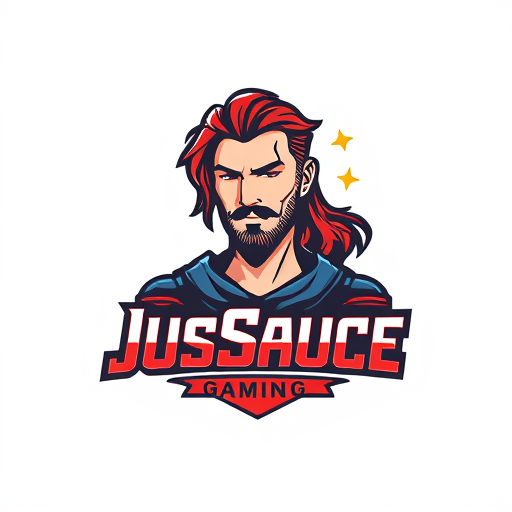 AI Design for keep JusSauce Gaming name and make a handsome guy with clean shave and long hair behind it