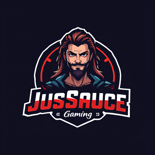AI Design for keep JusSauce Gaming name and make a handsome guy with clean shave and long hair behind it
