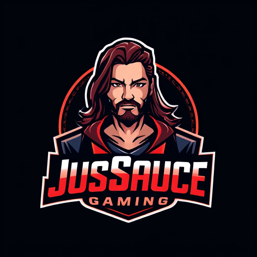 AI Design for keep JusSauce Gaming name and make a handsome guy with clean shave face and long hair behind it