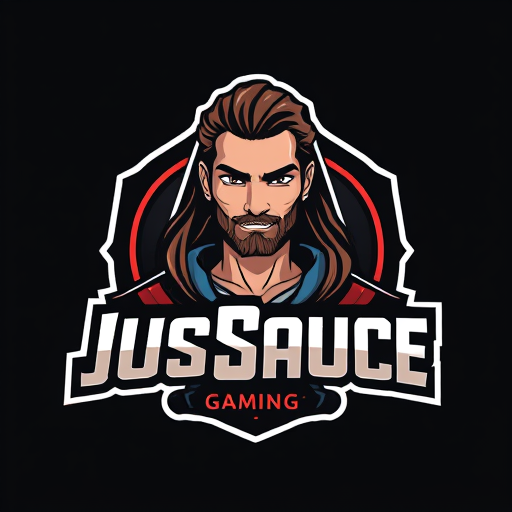 AI Design for keep JusSauce Gaming name and make a handsome guy with clean shave face and long hair behind it