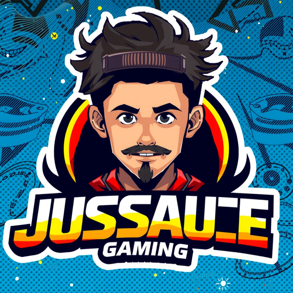 AI Design for Write JusSauce Gaming name with a young boy with long neck length hair and french cut goatee behind the name