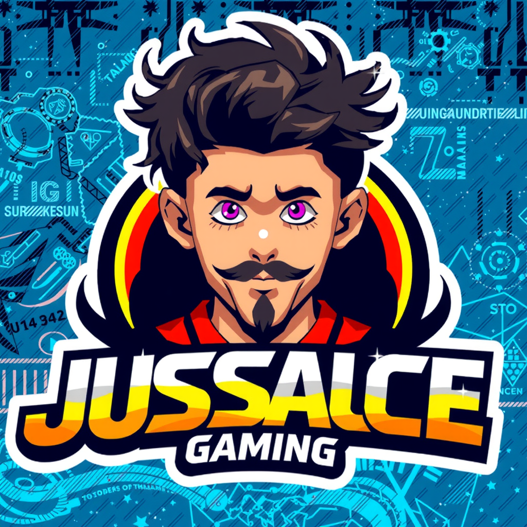 AI Design for Write JusSauce Gaming name with a young boy with long neck length hair and french cut goatee behind the name