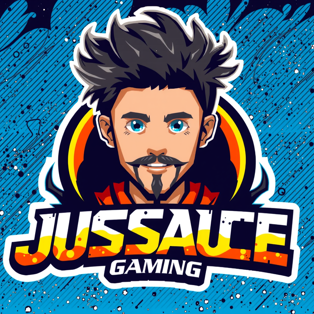 AI Design for Write JusSauce Gaming name with a young boy with long neck length hair and french cut goatee behind the name