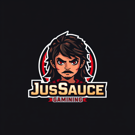 AI Design for keep JusSauce Gaming name and make a young boy with long hair and a goatee on face behind it. make the logo symmetric