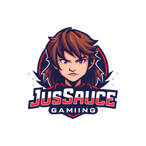 AI Design for keep JusSauce Gaming name and make a young boy with long hair and a goatee on face behind it. make the logo symmetric