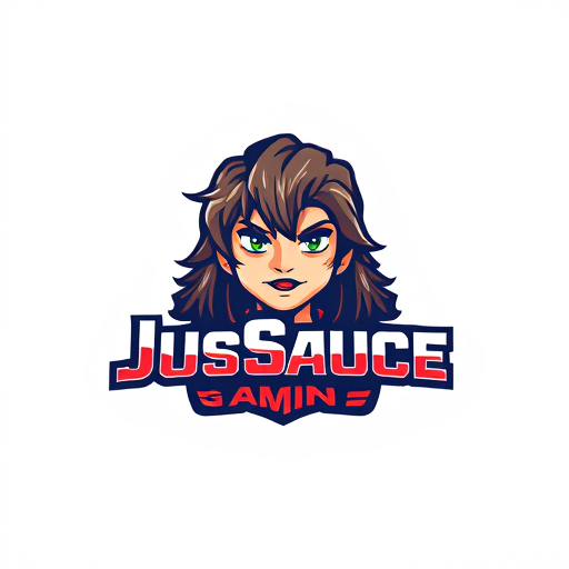 AI Design for keep JusSauce Gaming name and make a young boy with long hair and a goatee on face behind it. make the logo symmetric
