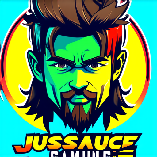 AI Design for JusSauce Gaming with a young boy with long hair and french cut goatee behind
