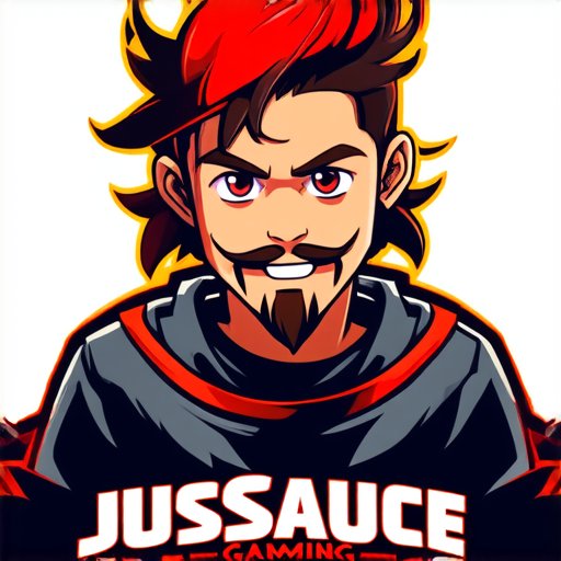 AI Design for JusSauce Gaming with a young boy with long hair and french cut goatee behind