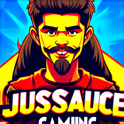 AI Design for JusSauce Gaming with a young boy with long hair and french cut goatee behind