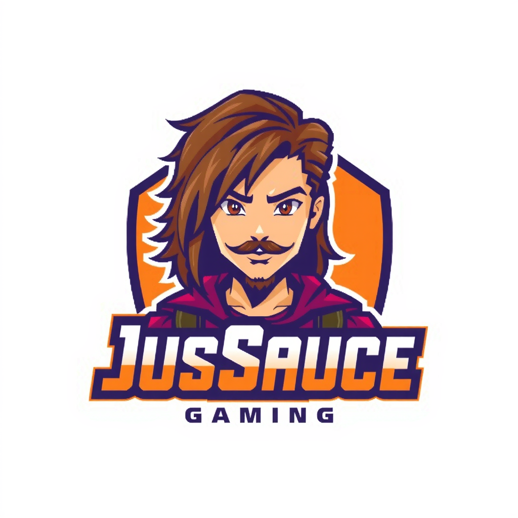 AI Design for keep JusSauce Gaming name and make a young boy with long hair and a goatee on face behind it