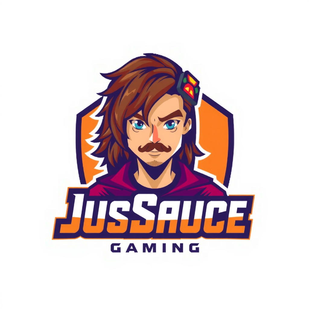 AI Design for keep JusSauce Gaming name and make a young boy with long hair and a goatee on face behind it