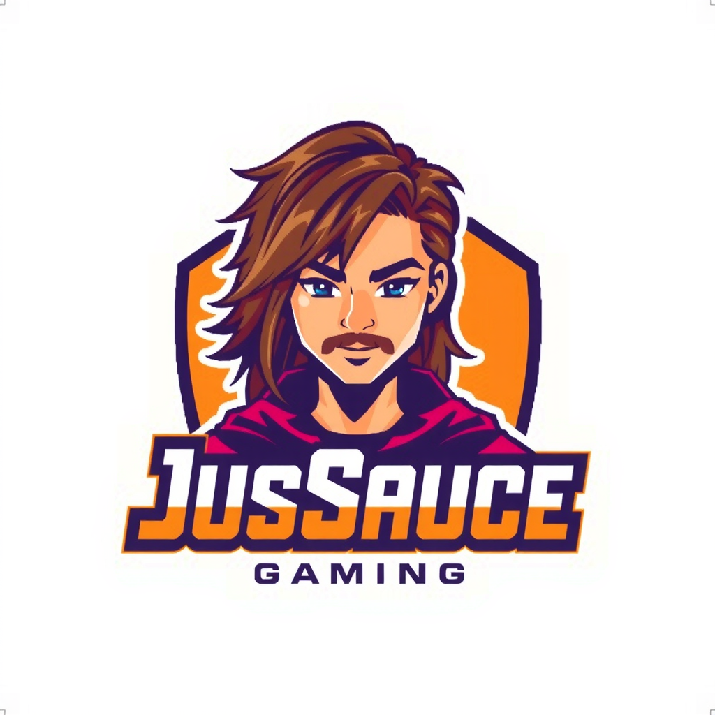 AI Design for keep JusSauce Gaming name and make a young boy with long hair and a goatee on face behind it