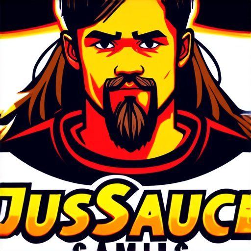AI Design for JusSauce Gaming name with a young boy with long hair and french cut goatee behind